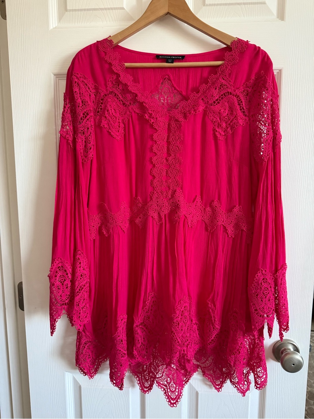 Boston Proper Bright Pink Lace-Trim Peasant Top